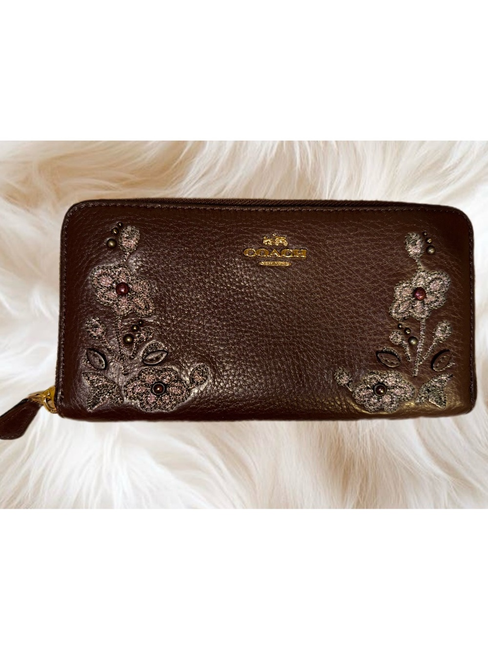 Coach Accordion Zip Wallet Floral Leather Plum/Dusty Rose